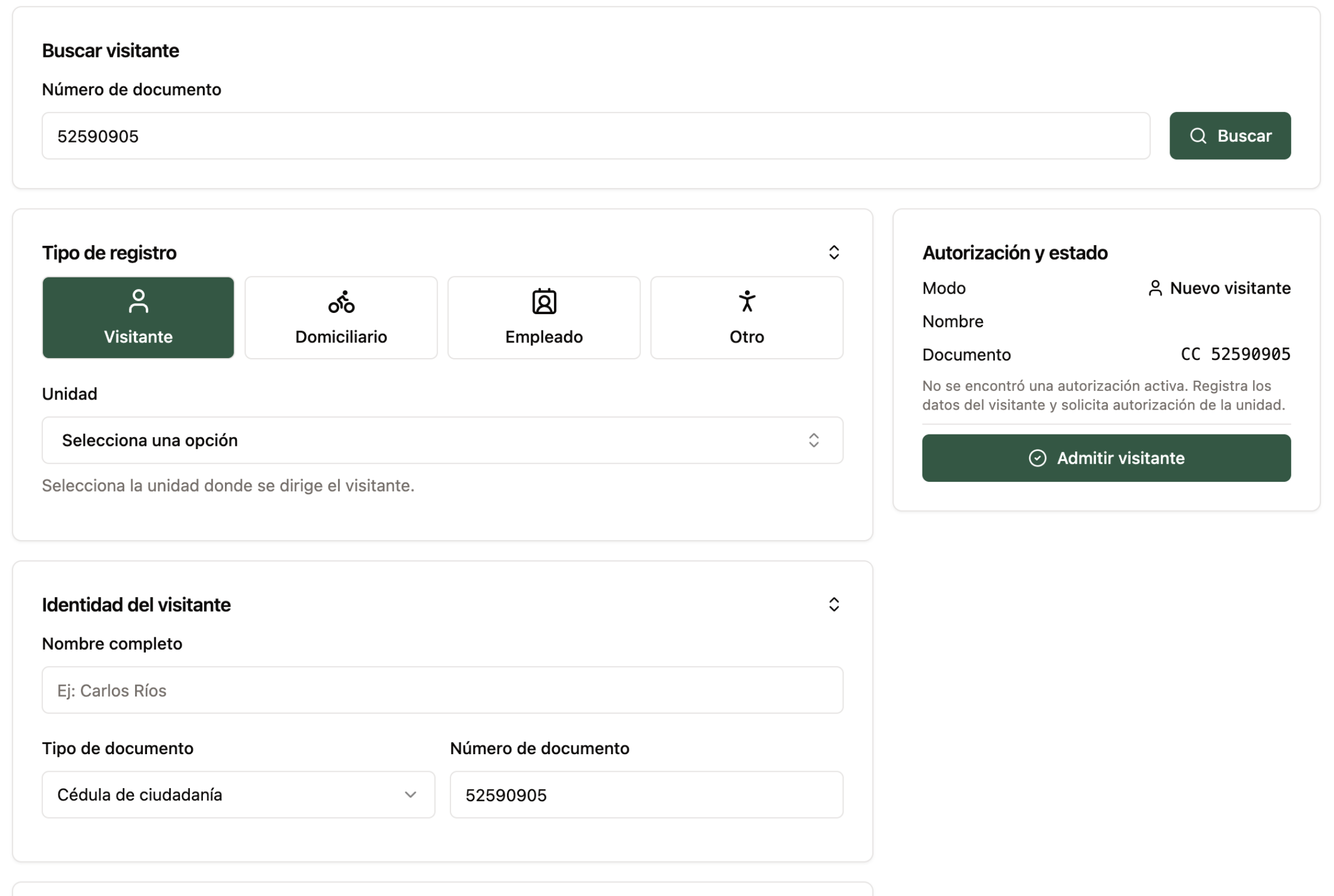 Streamline product interface showing Control de visitantes